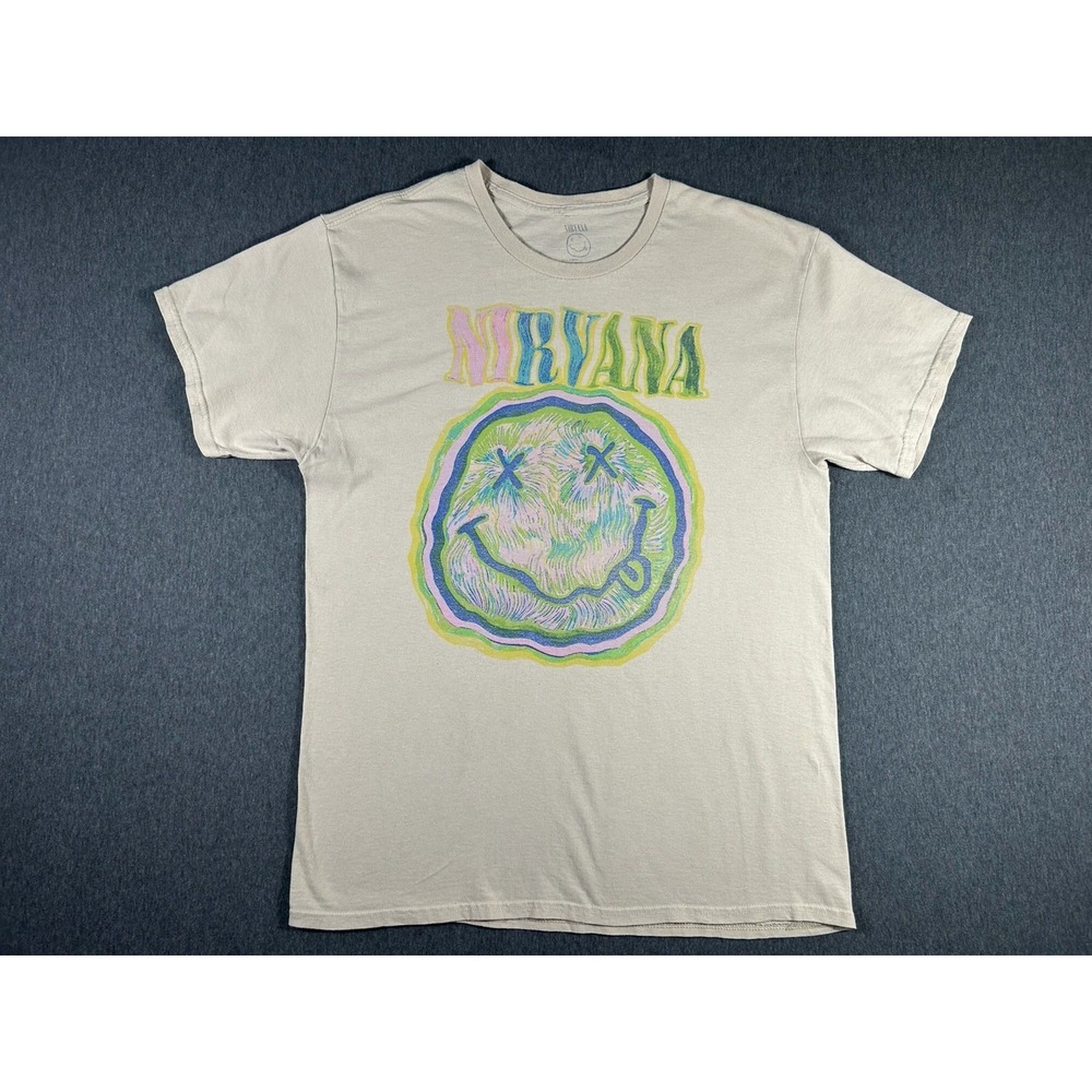 Nirvana Psychedelic Smiley Face Graphic T-Shirt in Ecru L‎